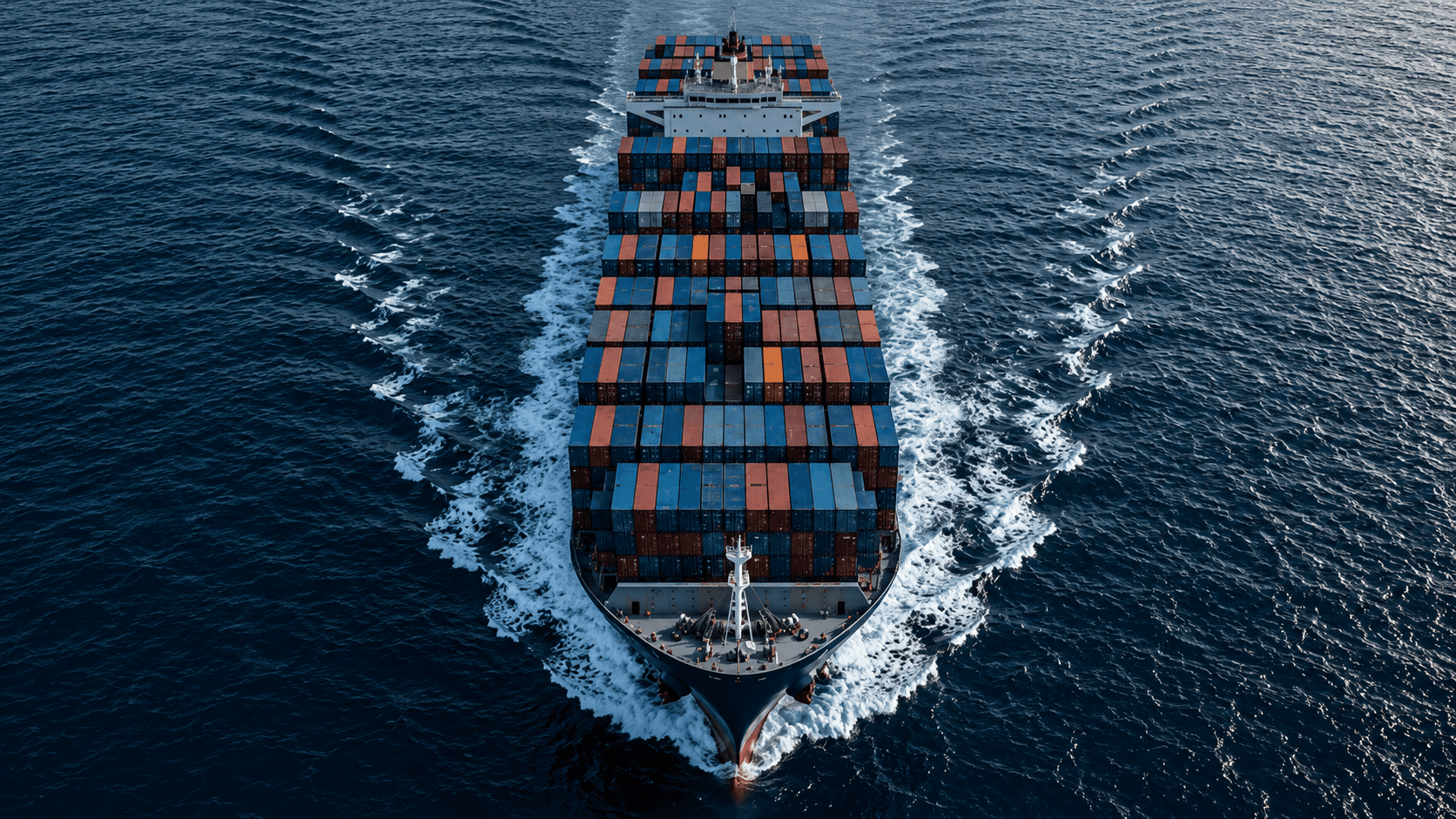 Container ship under way, viewed from above